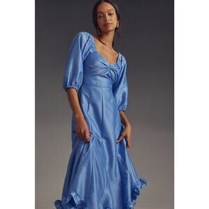 Anthropologie Hutch Twist Front Puff-Sleeve Ruffle Hem Dress Large Blue